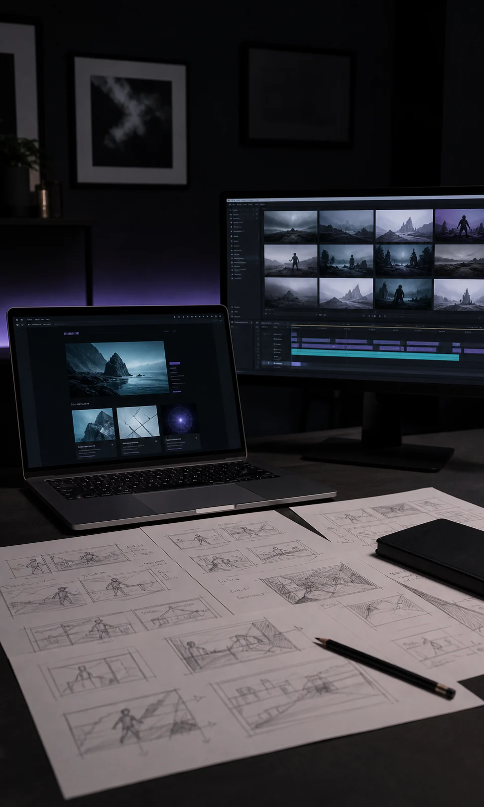 Laptop, Monitor und gezeichnete Storyboards verbinden Webdesign mit visueller Konzeption